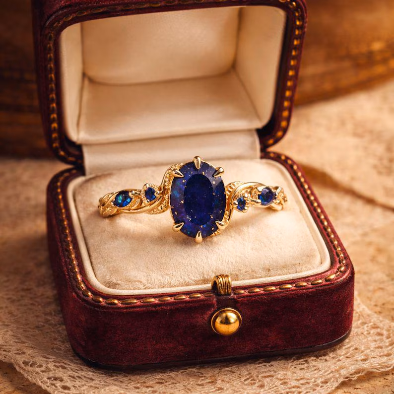 Oval Natural Lapis Lazuli Engagement Ring Women